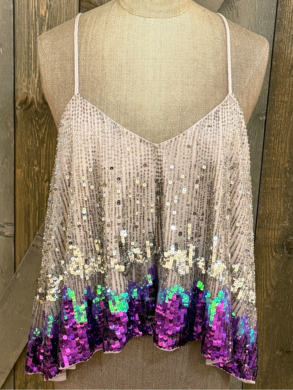 Anthropologie Let Me Be Silver Purple Sequin Beaded Cami Tank Iridescent Party